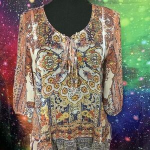 Boho 3/4 Sleeve Tie Front Blouse